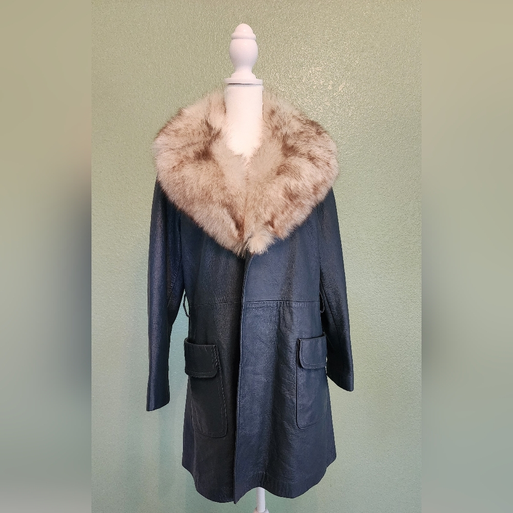 VINTAGE RARE Robert Meshekoff SLATE BLUE Leather Coat With FOX Fur Collar